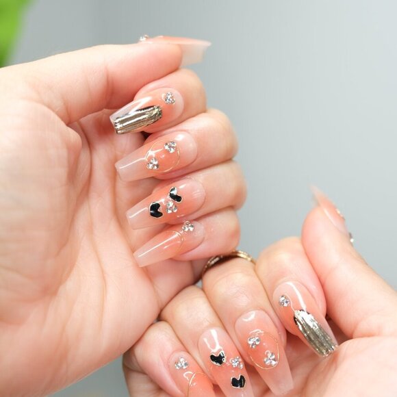 tipsy | Handmade Press On Nails | Coffin Medium | Little Black Hearts - Picture 6 of 16